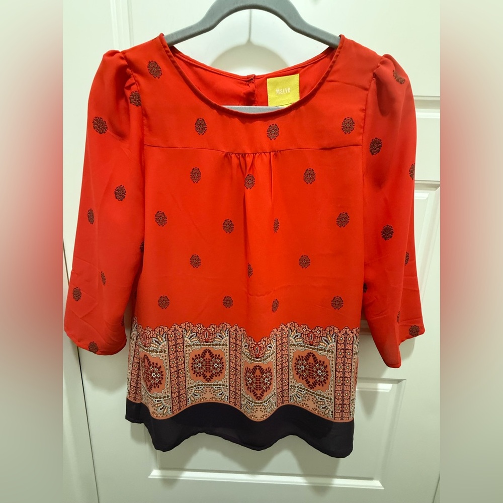 Anthropologie Maeve. Rila Red Print 3/4 Sleeve Blouse. Size 2.